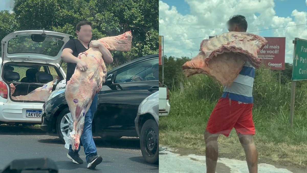 Pessoas ‘abraçam’ carne e furtam 5 toneladas após acidente; veja fotos